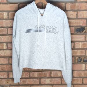 American Eagle Light Grey Cropped Hoodie Sweatshirt